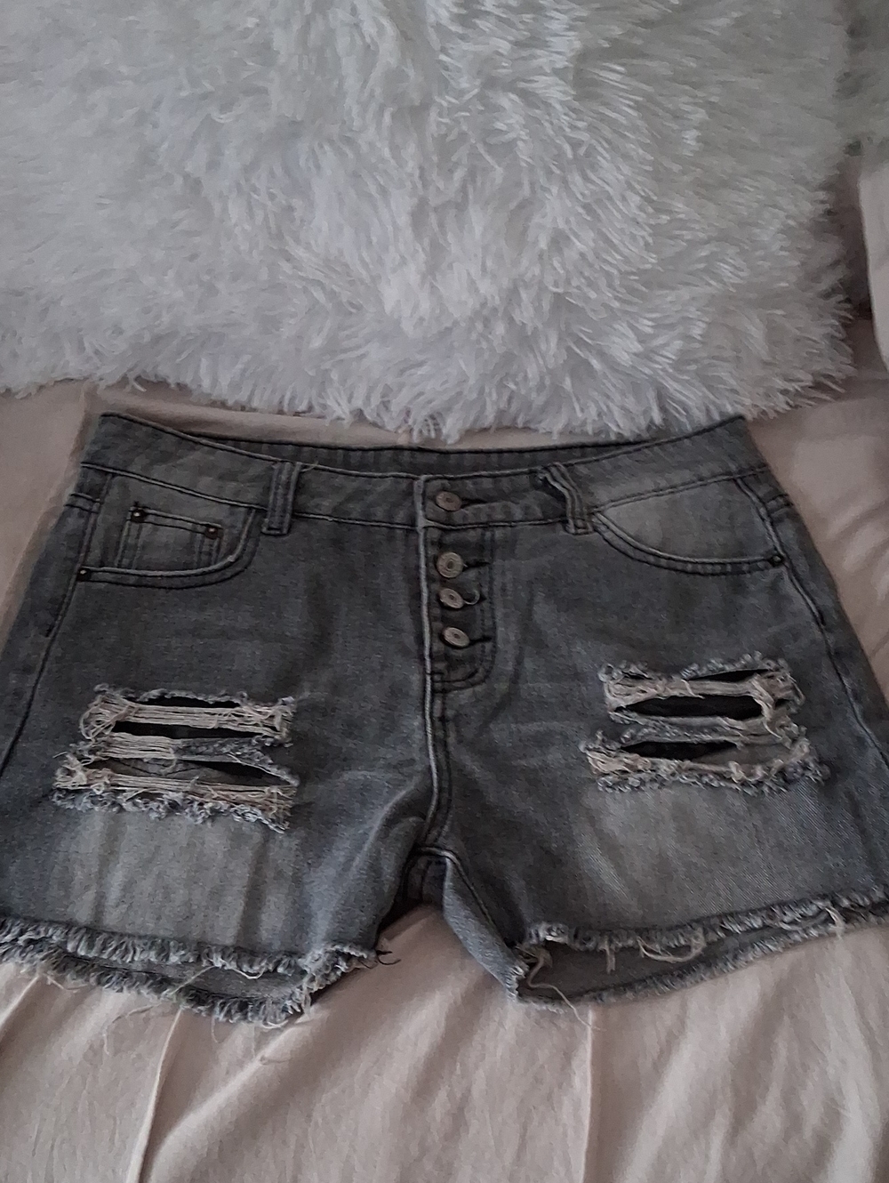 High-Rise Distressed Women's Denim Shorts - Gray